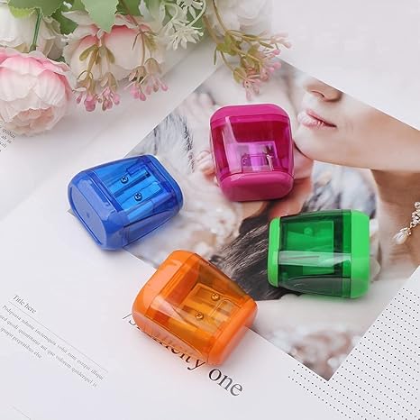 Pencil Sharpeners, 4pcs Pencil Sharpener Manual Colorful Dual Holes Compact Handheld Pencils Sharpener with Lid Portable Pencil Sharpener for Kids Adults School Office Home
