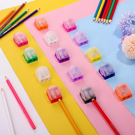 60 Pieces Pencil Sharpener Manual Dual Holes Pencil Sharpeners with Lid Handheld Colored Pencil Sharpeners Bulk for Classroom School Office Home