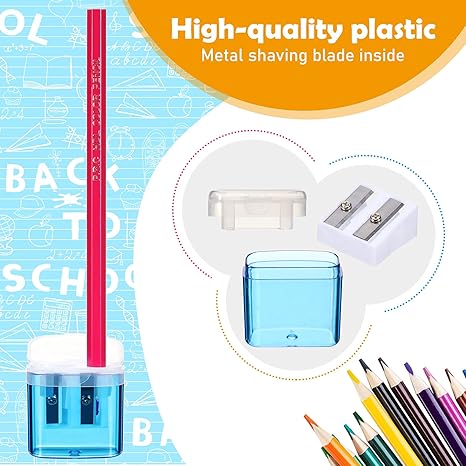 48 Pieces Back to School Pencil Sharpeners Manual Double Hole Pencil Sharpener with Lid Hand for Home School Office, Handheld Plastic Crayon Grinder, Pink, Yellow, Green, Blue