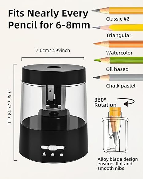 Electric Pencil Sharpener for Colored Pencils, Auto Stop,Electric Pencil Sharpener Plug in for 6-8mm No.2/Office/Home/Black