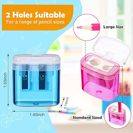 48 Pieces Back to School Pencil Sharpeners Manual Double Hole Pencil Sharpener with Lid Hand for Home School Office, Handheld Plastic Crayon Grinder, Pink, Yellow, Green, Blue