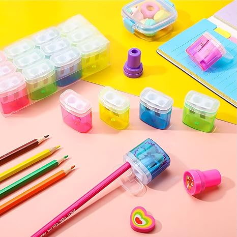 48 Pieces Back to School Pencil Sharpeners Manual Double Hole Pencil Sharpener with Lid Hand for Home School Office, Handheld Plastic Crayon Grinder, Pink, Yellow, Green, Blue