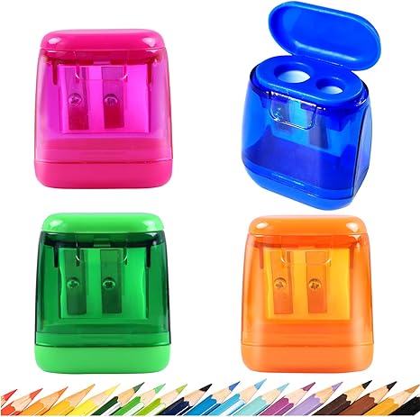 Pencil Sharpeners,  Manual Pencil Sharpeners, 4PCS Colorful Dual Holes Pencil Sharpener with Lid, Portable Pencil Sharpener for Kids Adults School Office