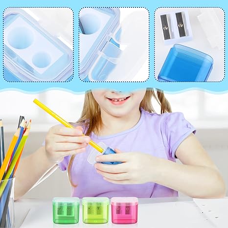 24 Pieces Pencil Sharpeners Manual Dual Holes Pencil Sharpener with Lid Portable Colorful Crayon Sharpener for Kids & Adults, School, Office, Home, Travel