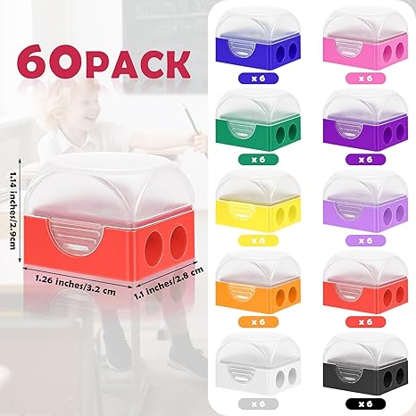 60 Pieces Pencil Sharpener Manual Dual Holes Pencil Sharpeners with Lid Handheld Colored Pencil Sharpeners Bulk for Classroom School Office Home