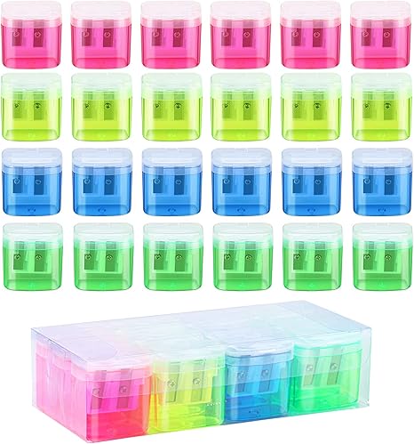 24 Pieces Pencil Sharpeners Manual Dual Holes Pencil Sharpener with Lid Portable Colorful Crayon Sharpener for Kids & Adults, School, Office, Home, Travel