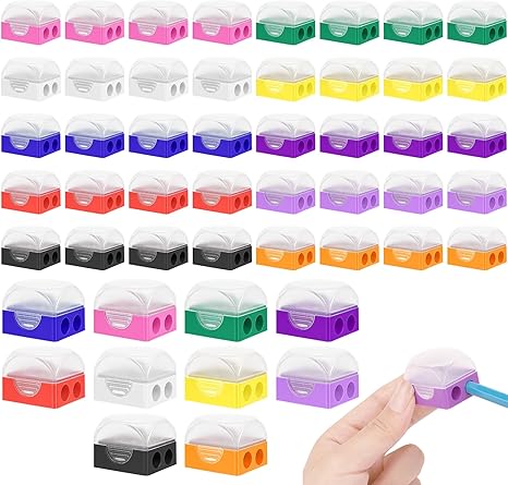 60 Pieces Pencil Sharpener Manual Dual Holes Pencil Sharpeners with Lid Handheld Colored Pencil Sharpeners Bulk for Classroom School Office Home
