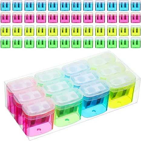 48 Pieces Back to School Pencil Sharpeners Manual Double Hole Pencil Sharpener with Lid Hand for Home School Office, Handheld Plastic Crayon Grinder, Pink, Yellow, Green, Blue